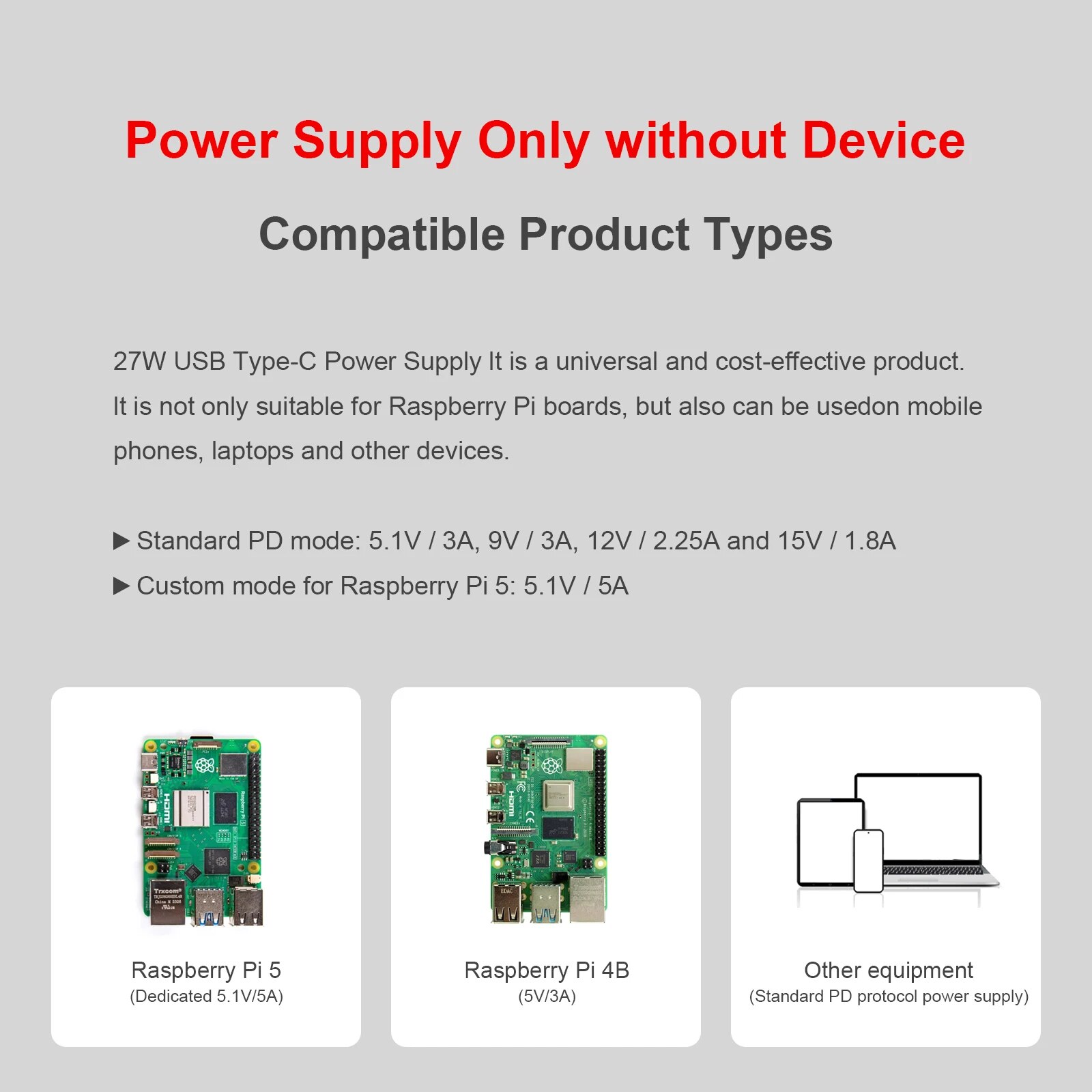 For Raspberry Pi 5 Power Adapter 27W USB-C Power Supply 5.1V 5A Compatible for PD Charing 1.2m, 18awg EU US UK AU Plug. 