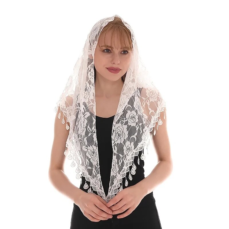 Fashion Triangle Veil Scarf Solid Polyester Jacquard Rose Shawl Church Prayer Headband For Women Muslim Wedding Turban 160*50cm. 