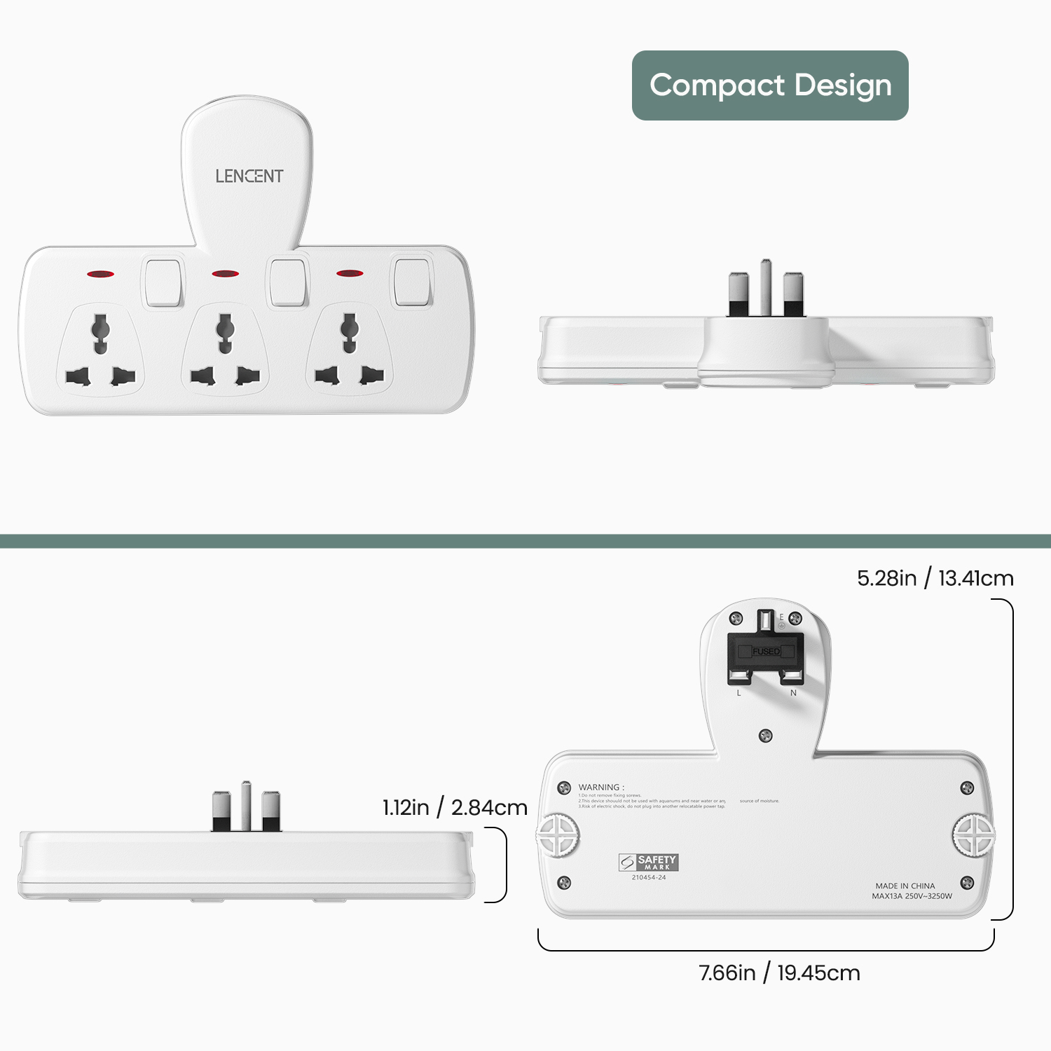 Lencent 3 in 1 Universal Plug Extension Wall Plug with Individual Switches, 3 Outlets, Multi Plug Outlet, Power Plug Adapter, Multiple Socket Charger Extension for Home, Office, Travel. 