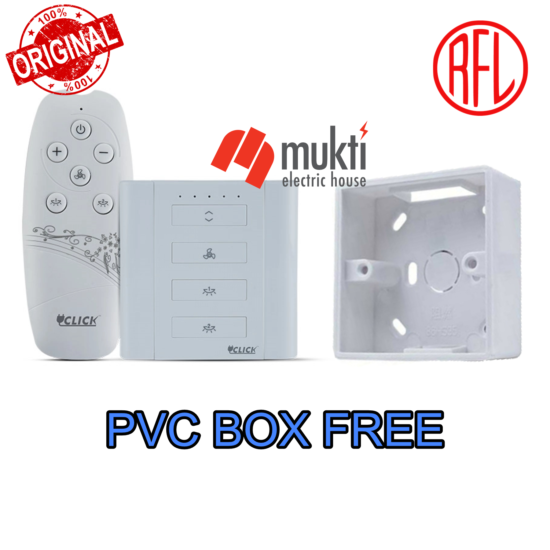 Click Wireless Remote Control Switch with PVC Box Free 1 Year Brand Warranty 2 Lights 1 Fan with Speed Regulation Dimmer Regulator Socket