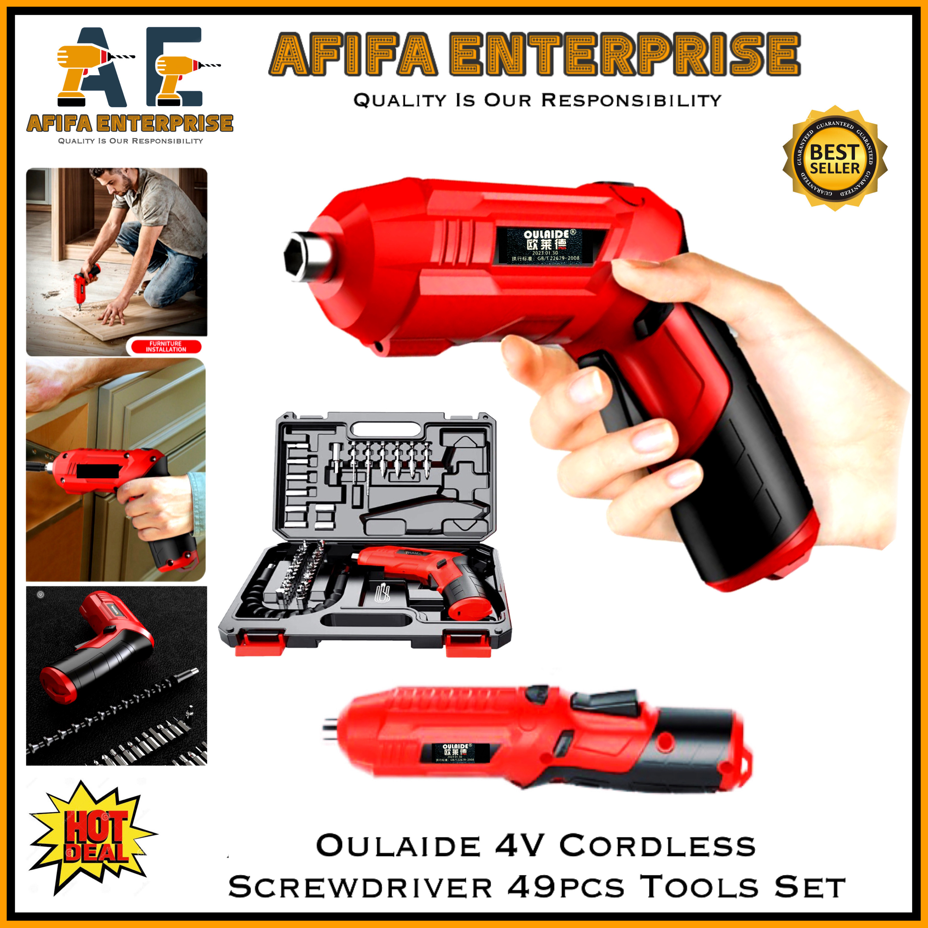 Oulaide 4V Cordless Screwdriver Drill 49pcs Tools Set For Multipurpose Use