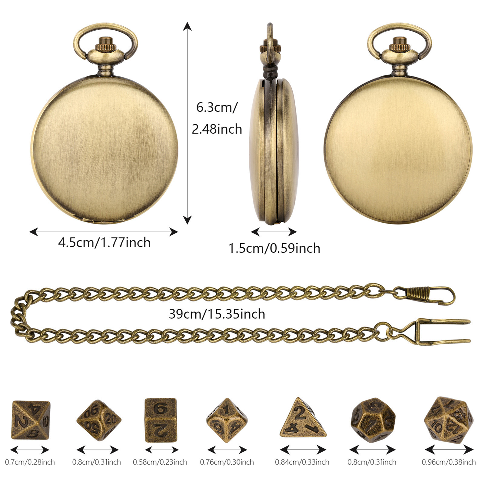 Quasar Metal Dice Set Steampunk Gear Pocket Watch Dice Set Vintage Metal Polyhedral Dnd Dice with Chain Board Game Accessories Collectible Dice Set