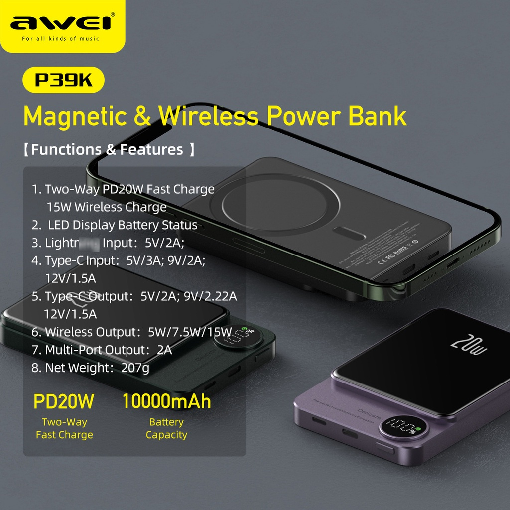 AWEI P39K 15W Wireless Magnetic 10000mAh Power Bank 22.5W 5A PD 20W Super Fast Charging with Digital Display. 