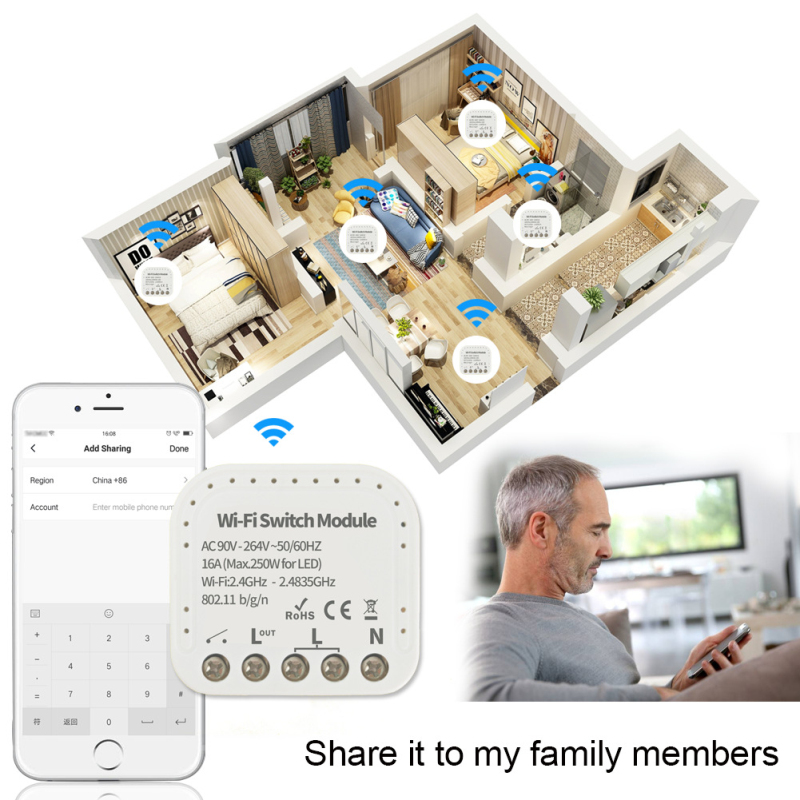 Smart Wireless WiFi Switch ON/Off 90-260V One way dual control Smart Home Module hot sell. 