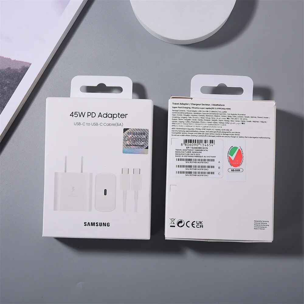 SAMSUNG PD 45W Super Fast Charging Original US Wall Charger 5A USB C To Type-C Cable For Galaxy S24 S23 S22 Ultra A54 A53 Note20. 