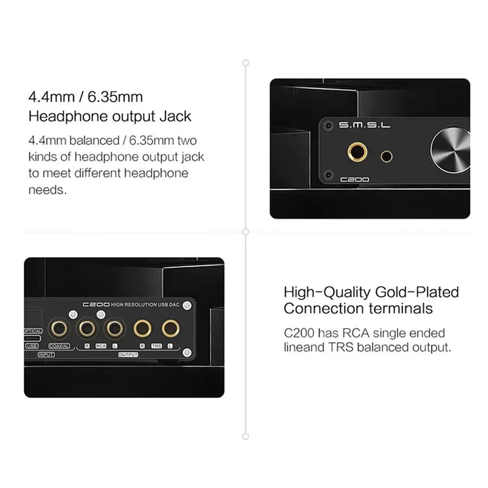 SMSL C200 Bluetooth 5.1 HiFi Headphone USB DAC Amp ES9038Q2M OPA1612A*4 TRS Balanced 4.4mm 6.35mm Output Decoder for airpods. 