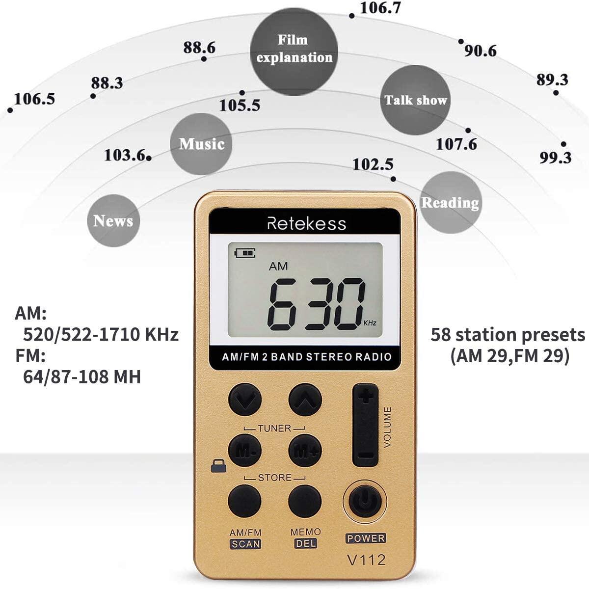 Retekess V112 AM FM Radio Portable Mini Radio with Earphone Pocket Digital Tuning Rechargeable Batteries LCD Display for Walking Jogging. 