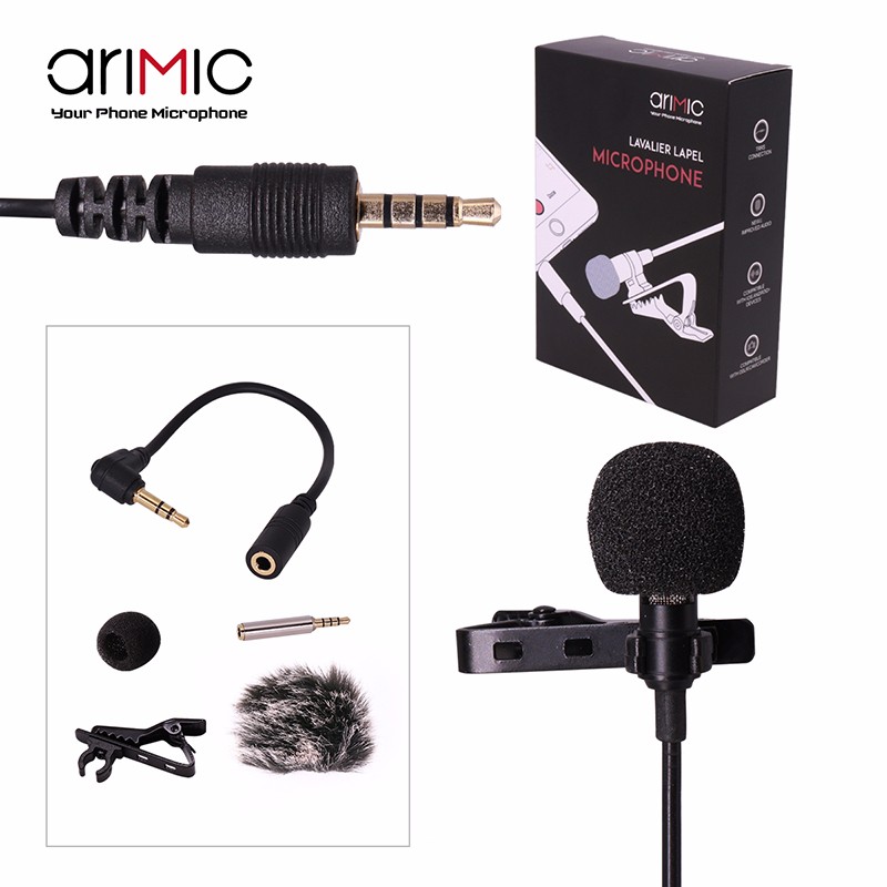 Arimic Lavalier Lapel Clip-on Omnidirectional Condenser Microphone Kit with cable adapter & windshield for iPhone Samsung. 