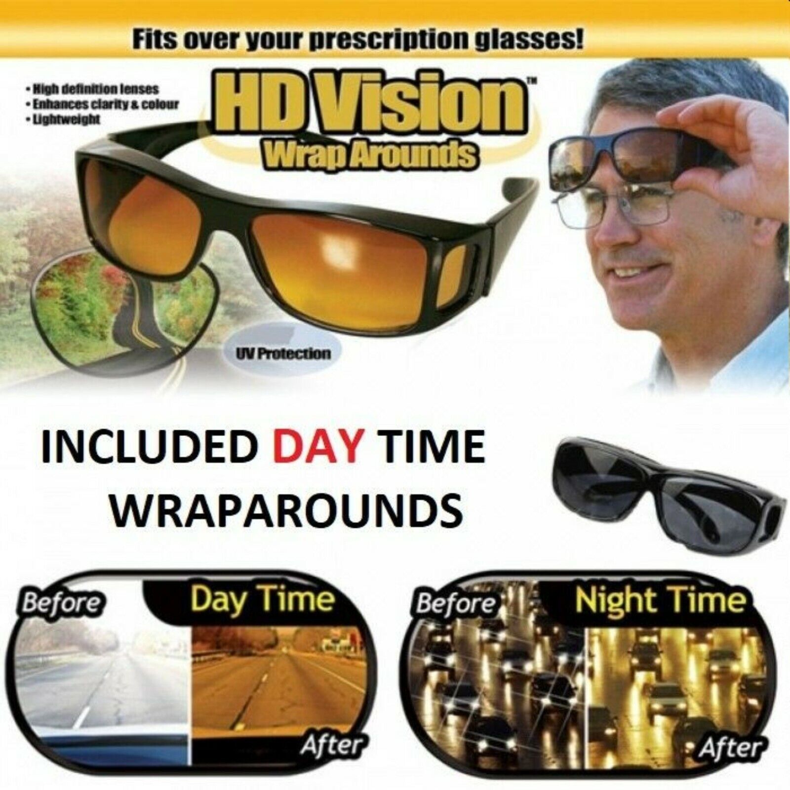 Pair set HD Night Vision Wraparound Fits OVER Glasses Sunglasses