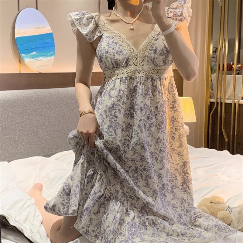 Court style summer nightdress women's lace suspender sweet midi skirt v-neck pajamas thin with chest pads home long dress