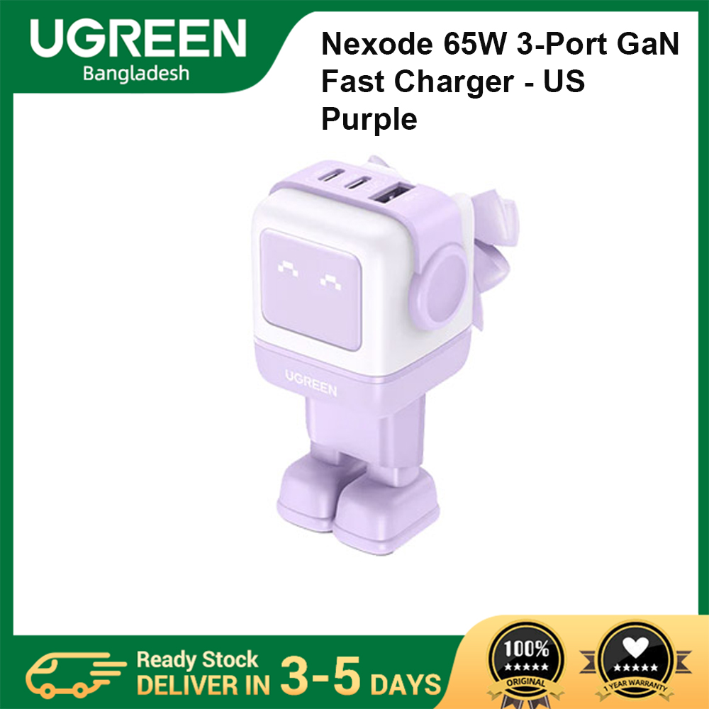 UGREEN Nexode RG CD361 3-Port 65W GaN Fast Charger - EU - Black/Purple/Pink Blue - UGREEN RobotGaN Fast Charger - 2x USB C ports, 1x USB A port - Plug Standard: EU - Broad Compatibility - Robot Charger. 
