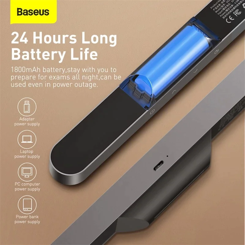 Baseus Magnetic Stepless Dimming Charging Desk Lamp 3 Mode Rechargeable LED 1800mAh Battery Less Than 100 Luminous Flux 4000K Light 30 Seconds Delay Function Magnetic Design Lamp. 