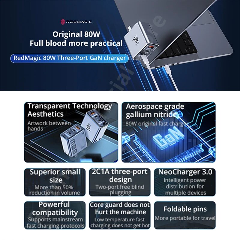 Nubia 80W GaN Quick charger For RedMagic 8 Pro 80W PD charger Compatible with PD/QC protocol For Redmagic 8S pro 7 Pro 7S pro. 