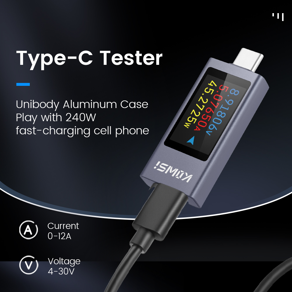 KWS-2301C Type-C Current and Voltage Monitor DC 4-30V 0-12A Power Meter Tester PD Battery Capacity Digital LCD Display Meter. 