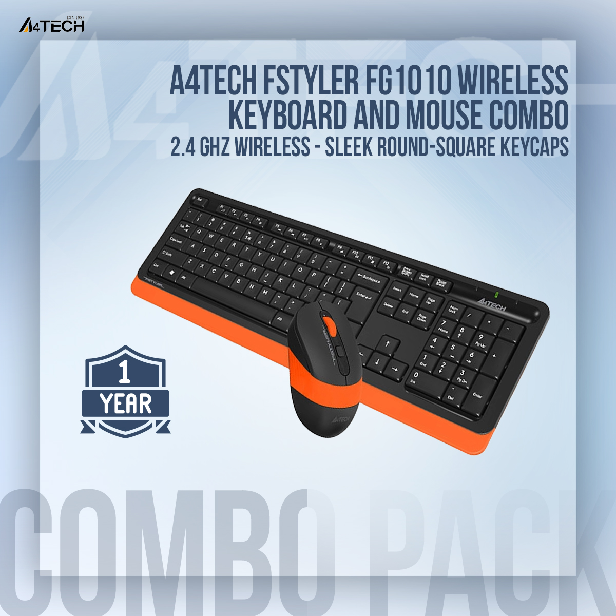 A4TECH Fstyler FG1010 Wireless Keyboard And Mouse Combo - 2.4 GHz Wireless - Sleek Round-Square Keycaps - 1000/1600/2000 DPI - Grey/Blue/Orange. 