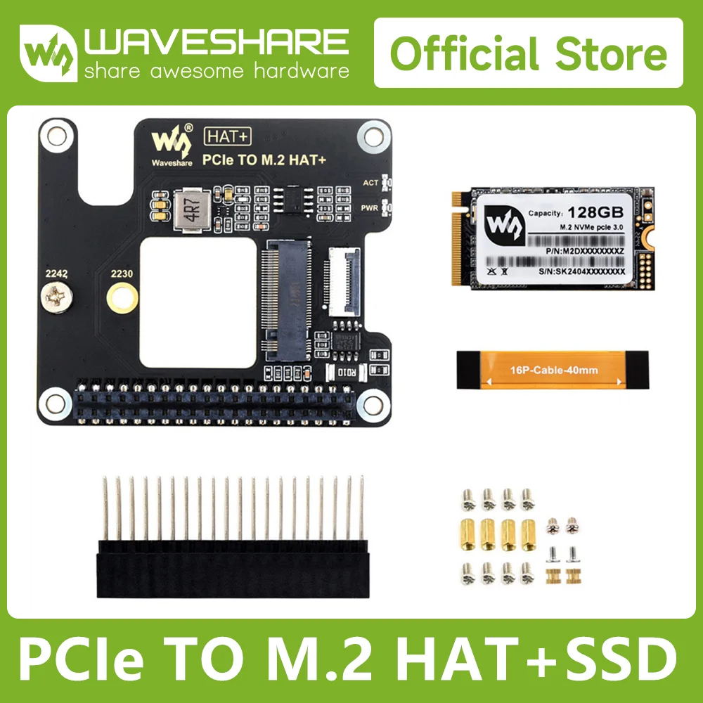 Waveshare PCIe To M.2 Adapter for Raspberry Pi 5, Supports NVMe Protocol M.2 Solid State Drive, Options for 128GB/256GB SSD