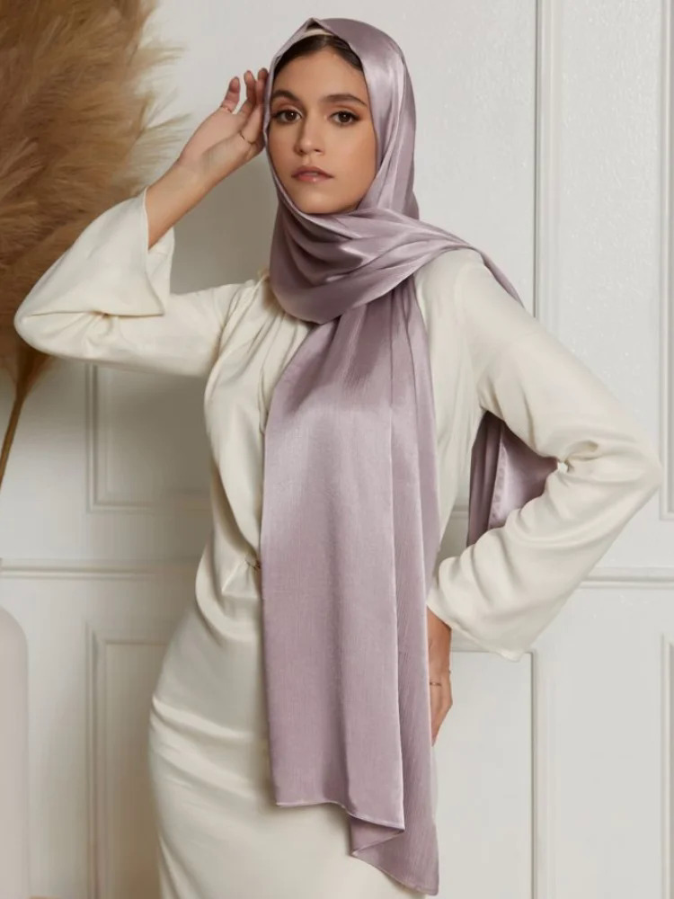 Pleated Crinkled Satin Hijab Scarf Medina Silk Scarves Solid Color Shawls Headband Scarf Wrap Muslim Women Veil. Turban Hijabs