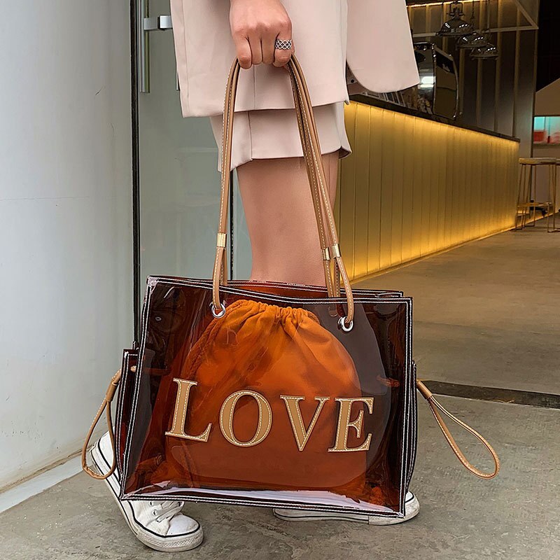 New Fashion Korean Version Foreign Air Bag Large Capacity Transparent Brown Jelly One Shoulder Messenger Tote Bag. 