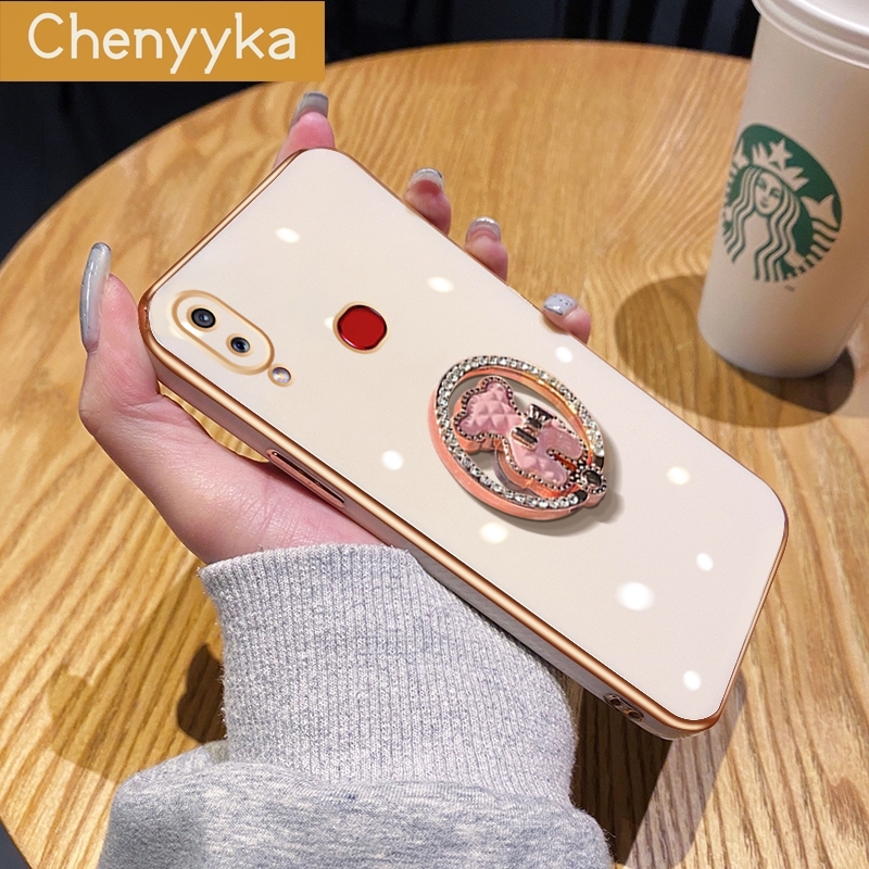 Chenyyka For Samsung Galaxy A10s M01s Case Flash Drill Metal Rotate Bracket Design Side Square Edge Plating Silicone Soft Casing Full Lens Camera Protection Back Cover. 