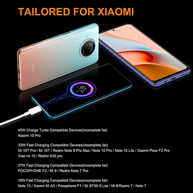 Cavo di ricarica USB tipo C Turbo Charge 5A/45W Xiaomi Note 9 Pro, Mi 10T, 10S, Poco X3, M2, M4, 11i, Note 10, 10 Pro, Pad 5, 11 Lite, 11T