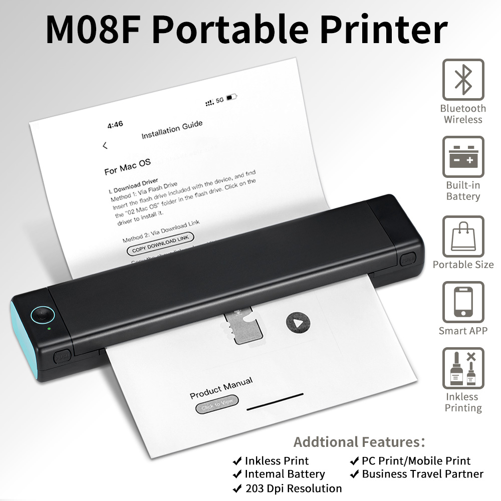 PhomemoM08F Mini Homework Test Paper Inkless Office Portable A4 Thermal Error Printer. 