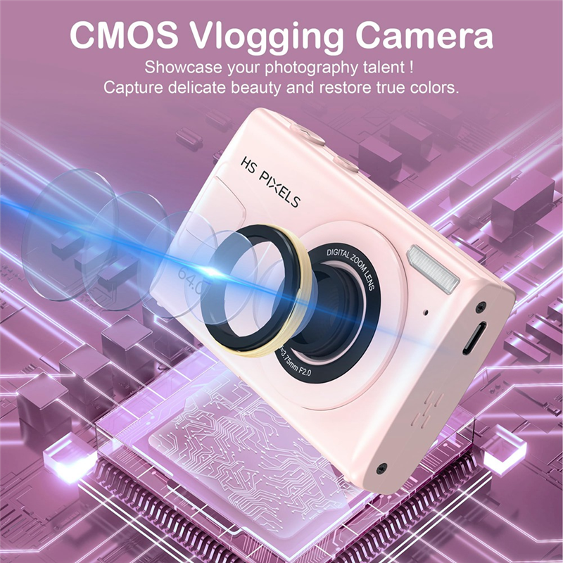 Digital Camera, 4K Children Camera for Photography, 64MP MP3 Player Camera, 2.8Inch IPS Screen, Auto Focus Easy Install Easy to Use (Pink). 