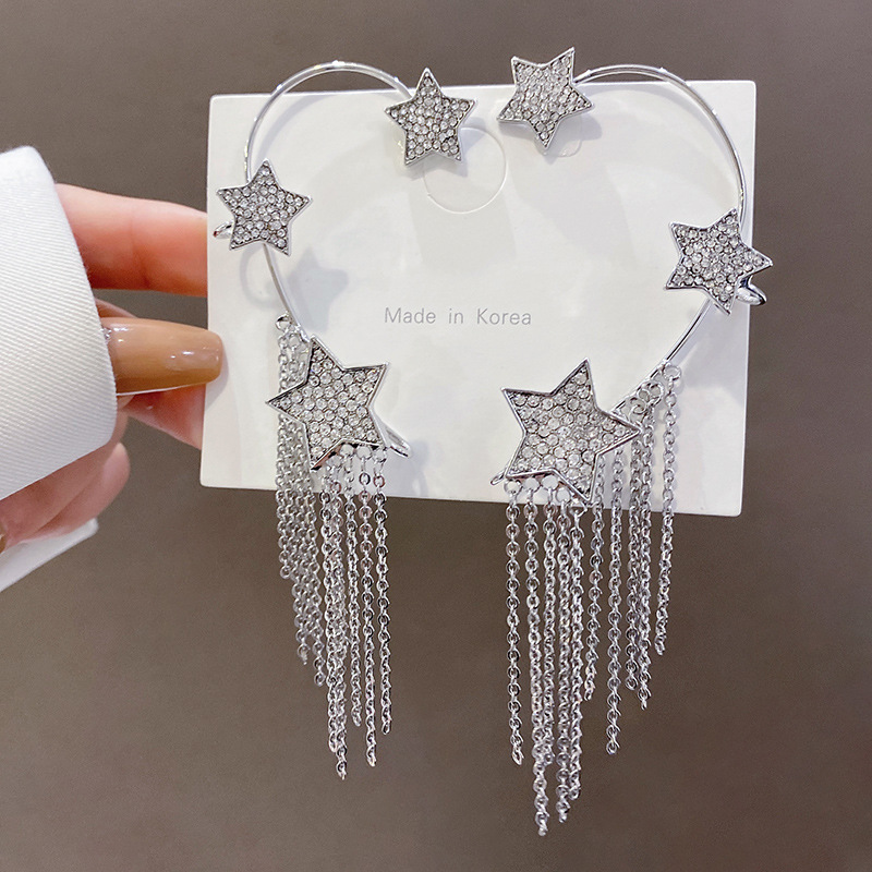 Korean high-end tassels, no ear piercings, ear hangings, women's ins, tide full of diamonds, star earrings, Internet celebrities, super flash earrings. 