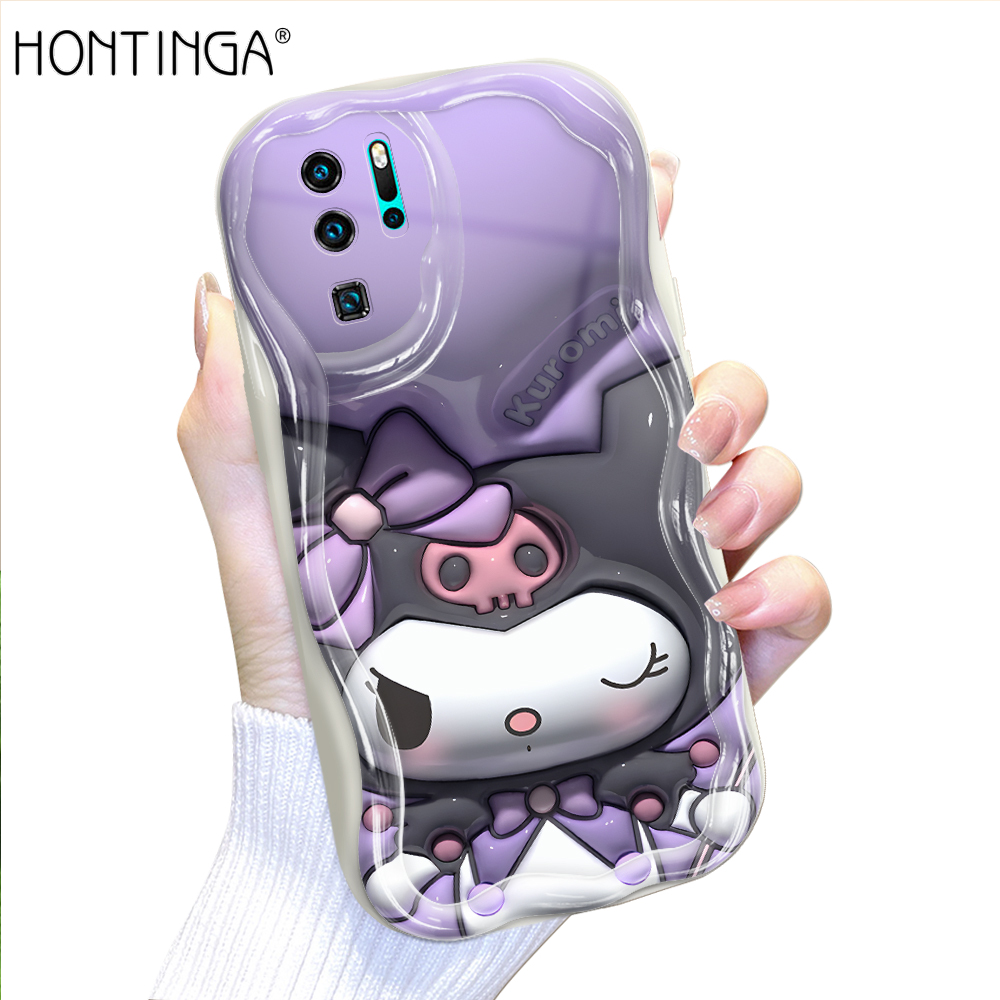 Hontinga for Huawei P30 Pro Back Cover 3D Kuromi Melody Print Cream Texture Phone Case Wavy Edge Soft Silicone Cover