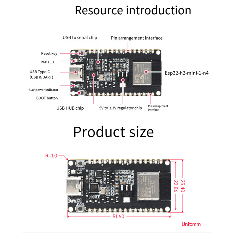 ESP32-H2 Development Board ESP32 H2 DEV KIT N4 M Module 4MB Flash Support BLE/Zigbee/Thread Wireless Communication, Easy to Use. 