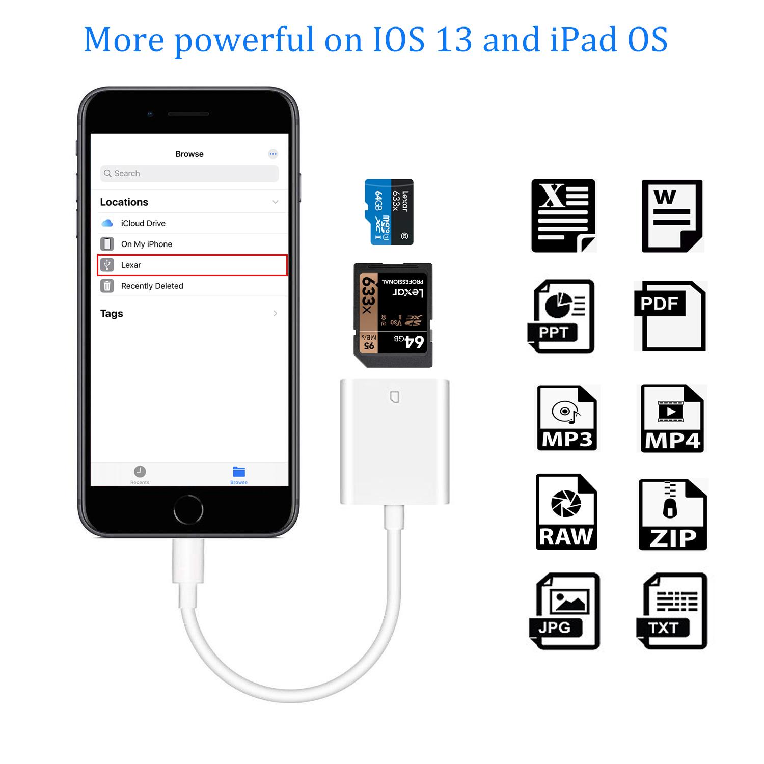 SD Card reader for iPhone iPad,Lightning to Micro SD / TF Memory Card Trail Game Camera Viewer Adapter for iPhone XS/Max/XR/X/8 Plus/8/7 Plus/7/6s/6Plus/5s iPad Mini/Air/Pro ,Plug & Play,No App Required. 