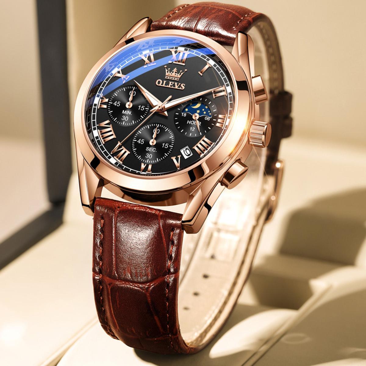 OLEVS 2871 Chocolate PU Leather Chronograph Watch For Men - Black & RoseGold