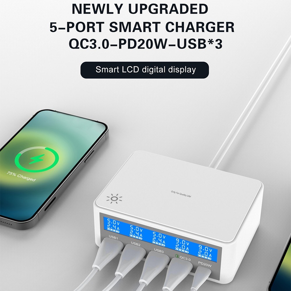 Multiple USB Charger 65W 5-Port USB Charging Stations with LCD Display PD 20W + QC3.0 Fast Charger Multi-Port USB Hub Charger for Smart Phones Tablet Earphone and More-eu. 