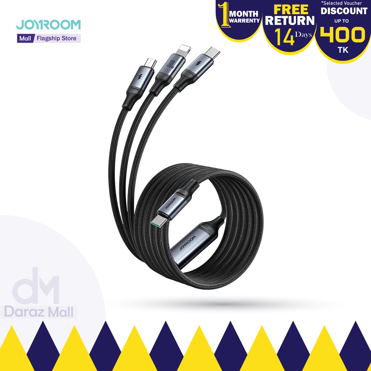 Joyroom SA21-1T3 Speedy Series 30W 3-in-1 Fast Charging Cable (Type-C to L+C+M) -Black