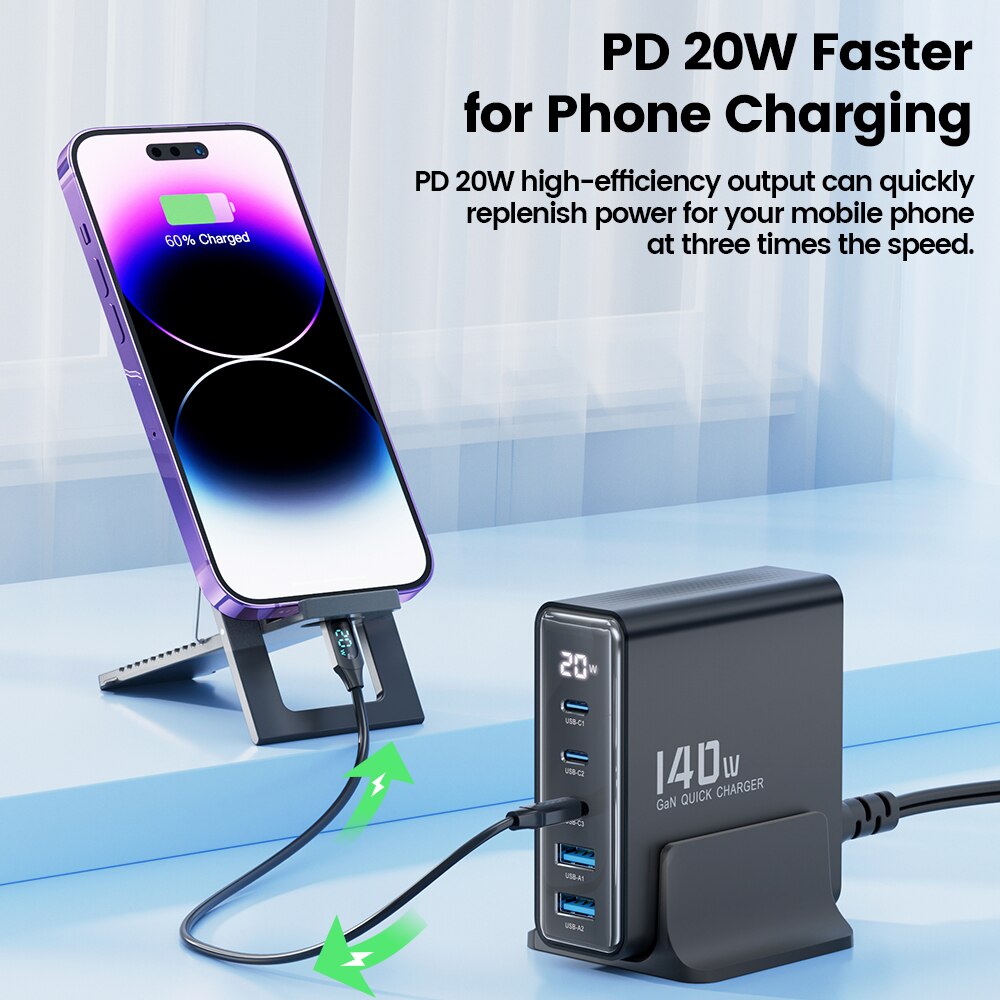 Toocki 140W GaN USB Charger 5in1 Desktop Fast Charge USB Type C Charger LED Display Charger For iPhone Xiaomi Smartphone Laptop. 