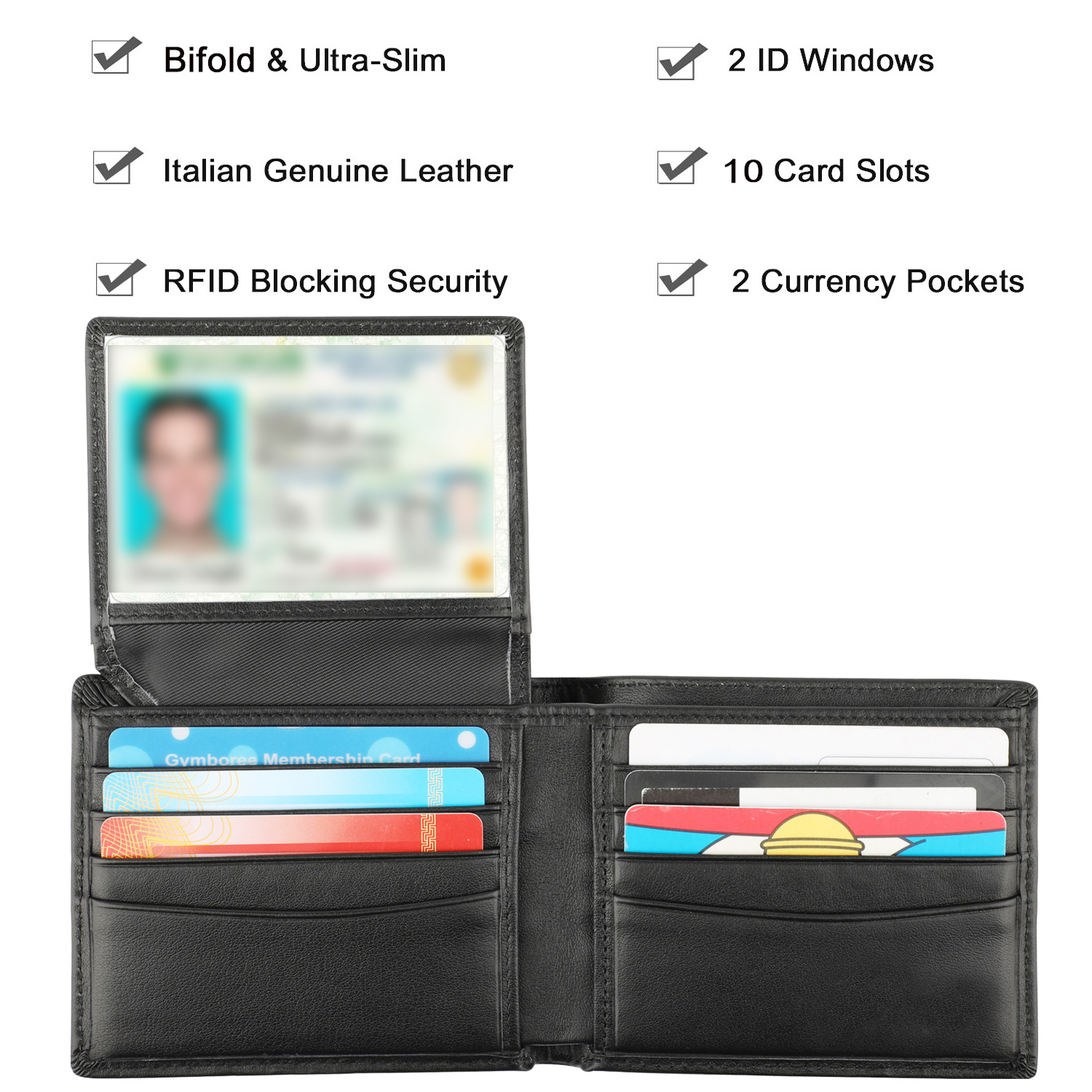 RFID Blocking Cowhide Leather Bifold Wallet For Men With 2 ID Windows Black. 