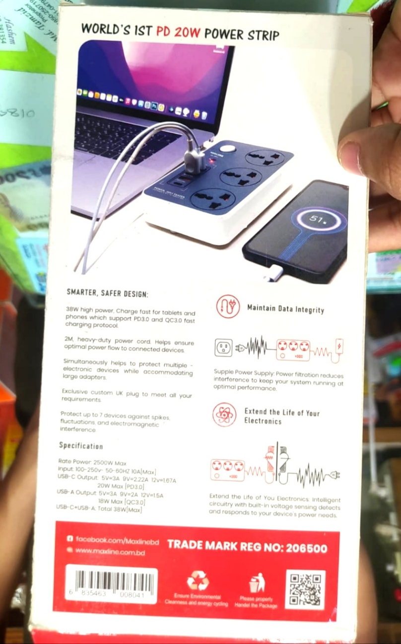Maxline ML-804, 3 Socket & 4 USB With Lightning Port Fast Charging PD20W QC3.0 Multiplug Power Strip USB-C Output: 20W max (PD3.0). 