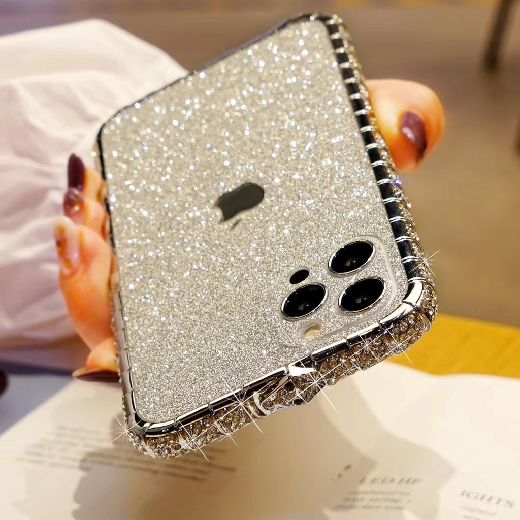 ON STOCK iPhone 13 pro max Bling Casing With Bling Back Sticker 12 mini 11 pro max xs max xr x 6 7 8 plus Luxury Swarovski Diamond Glitter Crystal Metal Frame Border Sequins Mobile Cell Phone Casing Cover Case Shell Cases With Back Bling Sticker. 
