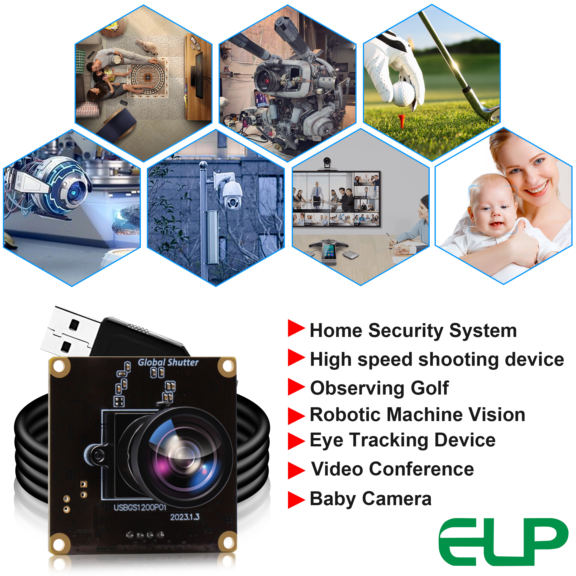 ELP Global Shutter 1080P 90fps High Frame Rate Aptina AR0234 Color Mini Webcam UVC USB Camera Module with No Distortion M12 Lens. 