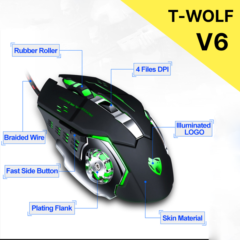 Gaming Mouse With Lighting TWolf V6 illuminated Wired Mouse For Gaming PC Laptop Computer Desktop Black RGB Mouse For Gamers 6 Button Mouse With DPI. 