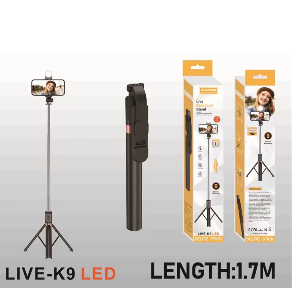 5.7 Feet Long PLOKAMA K9 4 in 1 Selfie Stick Foldable Portable Wireless Selfie Stick with LED Fill Light & Bluetooth Remote Control Shutter DSLR Go Pro Camera Ringlight Camera Mount - Tripod. 