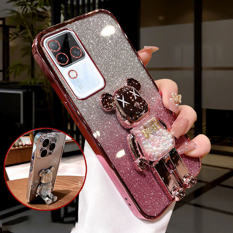 For Vivo V30 V30 Pro V30e V29 V29e V27 V27e 5G Casing case with Cartoon 3D Bear Stand Luxury Slim Gradient Plating Glitter Girls Stylish Back Cover Clear Soft Silicone Protective Cases Pouch