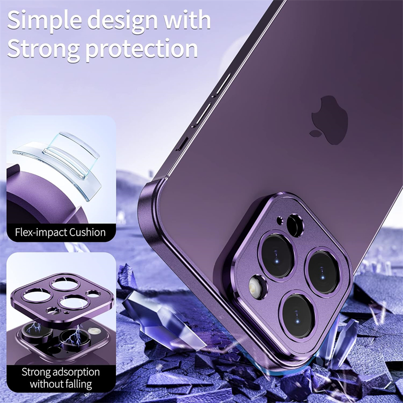 Metal Corner Frameless Bumper Shockproof Case for IPhone 14 15 13 12 Pro Max Plus 14Pro 15Pro Cover with Glass Lens Protector. 
