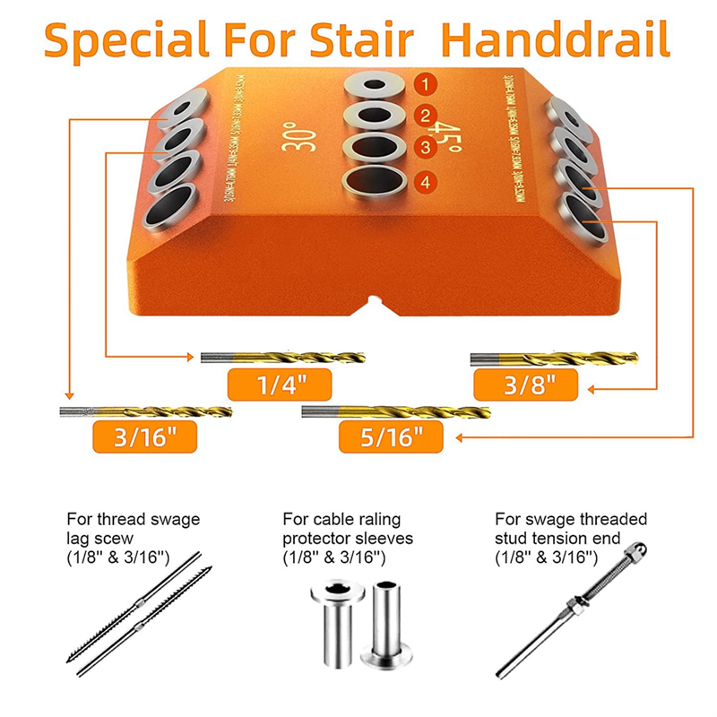 Drill Guide 30 45 90 Degree Angle 4 Size Drill Hole Lag Screw Drill Template Jig for DIY Wood Crafts Stair Wire Handrail Durable Easy Install. 