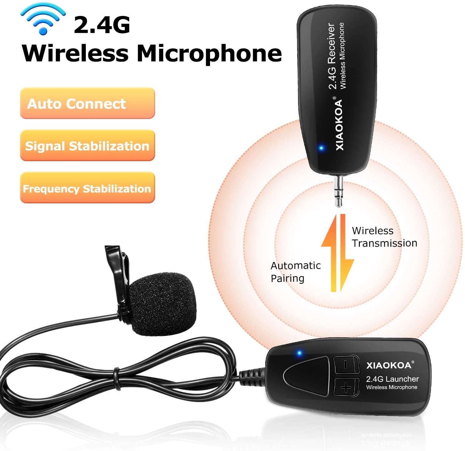 XIAOKOA 2.4G Wireless Lavalier Microphone Recording Lapel Mic with 50m Stable Wireless Transmission for Voice Amplifier Speaker. 