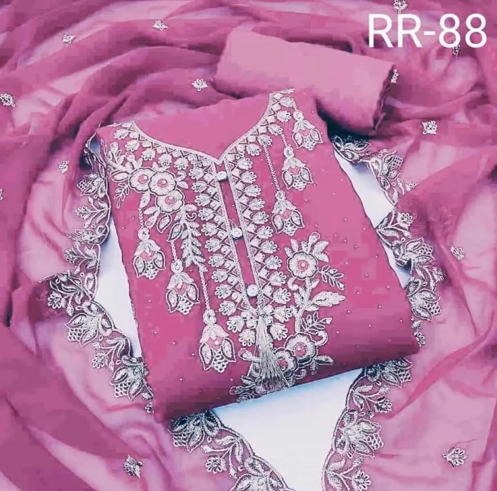 Indian New Stylish Exclushive Collection Weatless Goergett Computer Ambroydary Work Three Piece Salower Kameez For Women - সুতির 3 পিছ
