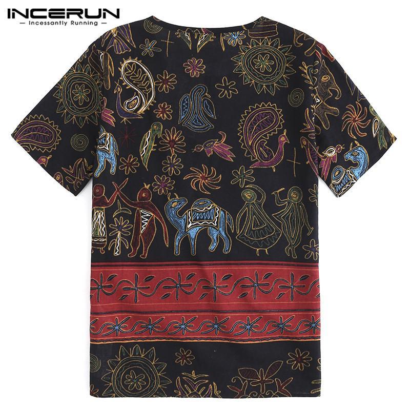 INCERUN Men's retro small V-neck short-sleeved ethnic style printed cotton and linen T-shirt. 