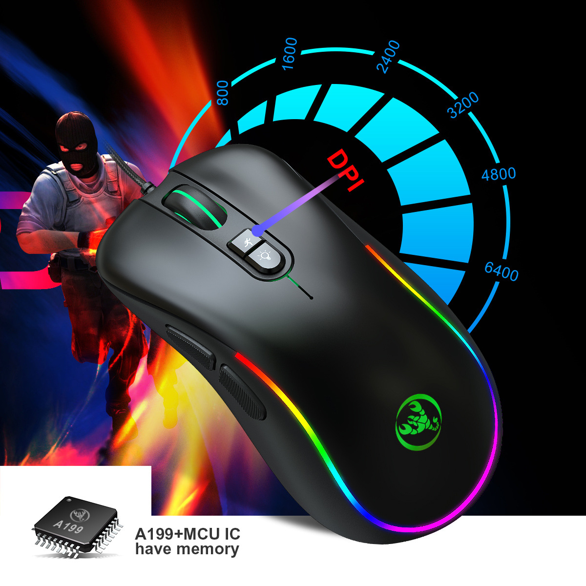 HXSJ J300 Wired Gaming Mouse RGB Colorful Light Macro 6400 Adjustable DPI Gamer Mouse for PUBG Better than HP Razer Mouse Mice. 