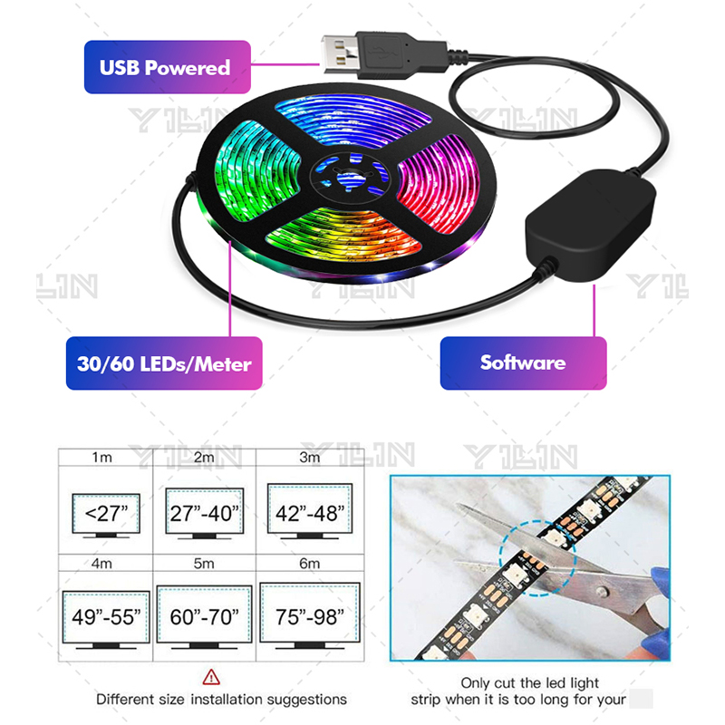 Immersive RGBIC LED Strips PC Background Computer Light Strip USB 5V Monitor Screen Color Sync Smart Control Ambient Decor Lamp. 