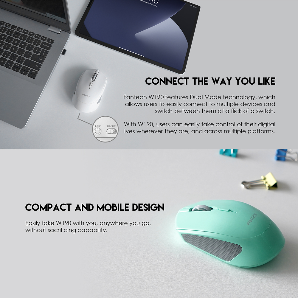 FANTECH W190 DUAL MODE 2.4Ghz and Bluetooth Wireless Mouse Up to 200 Hours Of Battery Mini Mute Silent Office Mouse Mice. 