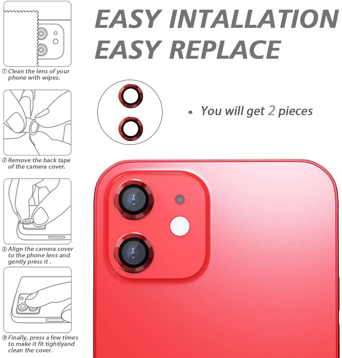 For Apple iPhone 11 Red WSKEN Ring Alloy Ultra Thin Camera Lens Protector. 